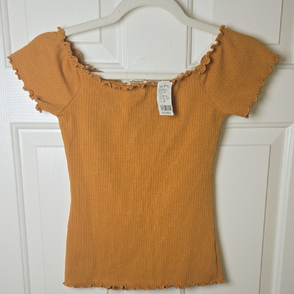 Bozzolo NWT Mustard Ruffle Trim Short Sleeve TOP Y2K RUSTIC BOHO KAWAII PREPPY - Picture 7 of 8